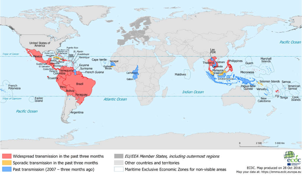 Zika transmission worldwide, 28 October 2016